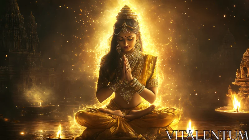 Golden goddess meditation amid sacred temple fire glow.