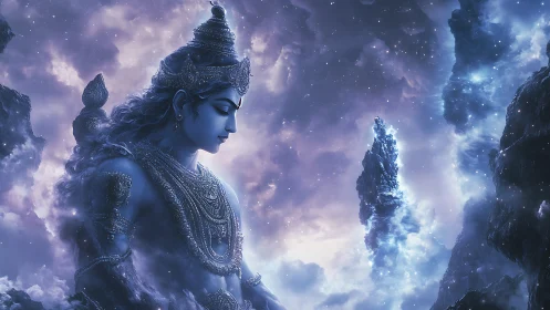 Celestial blue deity contemplates amid swirling cosmic clouds.
