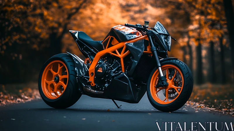 Hyper-styled orange streetfighter motorcycle in autumn avenue.