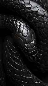 Hyperreal close-up of coiled black snake with glossy scales