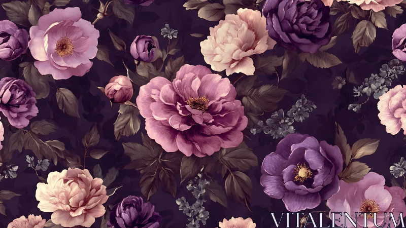 Floral Pattern with Pink and Purple Peonies on Dark Background