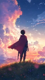 Cloaked youth on hill under vivid sunset sky.