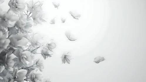 White Flower Petals in Motion Against Ethereal Background.