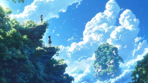 Two figures stand on rocky cliffs beneath dense cumulus clouds