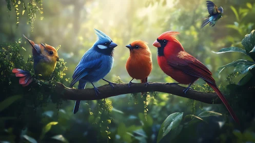 Colorful Songbirds on Forest Branch, Lush Nature Digital Art.