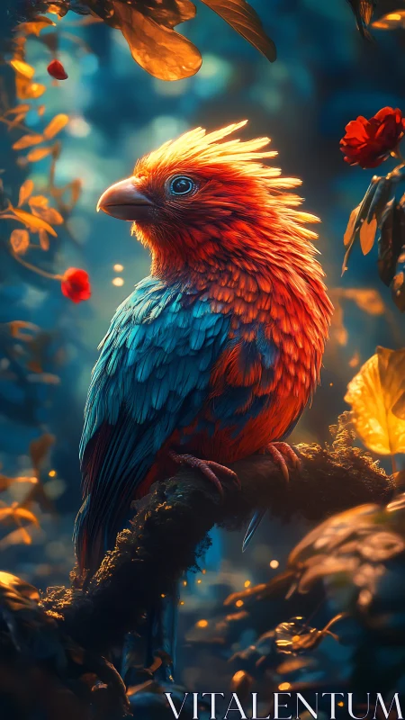 Digital painting of luminous tropical bird in bokeh forest.