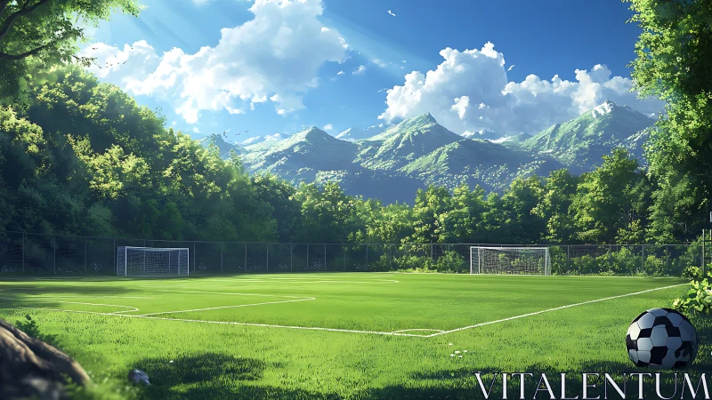 Sunlit mountain soccer pitch with precision turf and depth cues