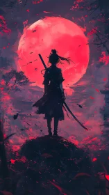 Lone moonlit ronin carves silence beneath a bleeding sky