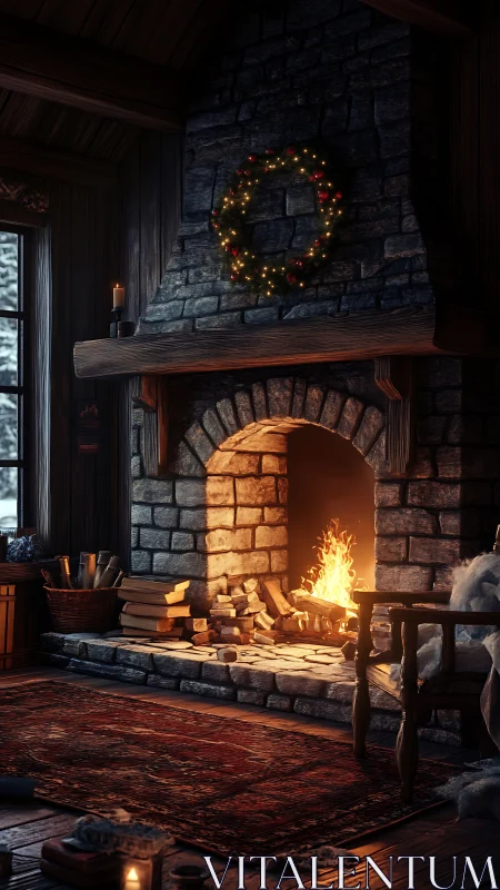 Stone cabin fireplace with lit wreath and glowing fire.