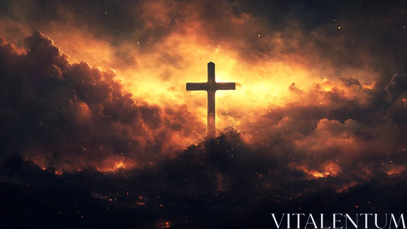 Luminous cross rises from stormy clouds in fiery heavens.