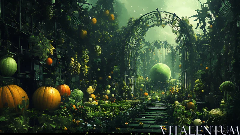 Lush greenhouse archway frames floating gourds and foliage