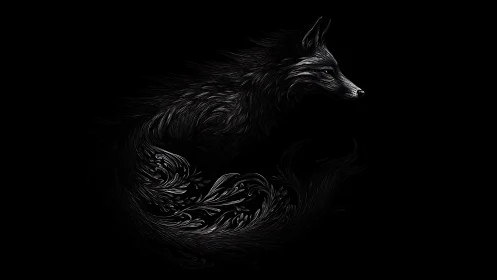 Stylized monochrome fox silhouette occupies a dark background