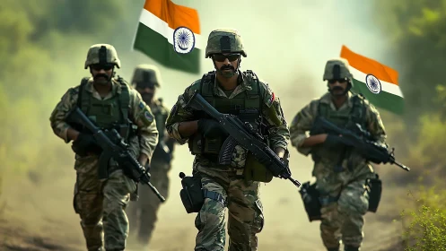 Indian military personnel on patrol with national flags displayed.