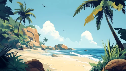 Tropical Beach Landscape with Palms and Boulder Formations