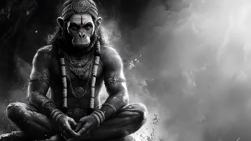 Anthropomorphic simian deity figure in monochrome setting.