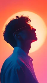 Silhouetted youth in neon glow contemplates a rising sun