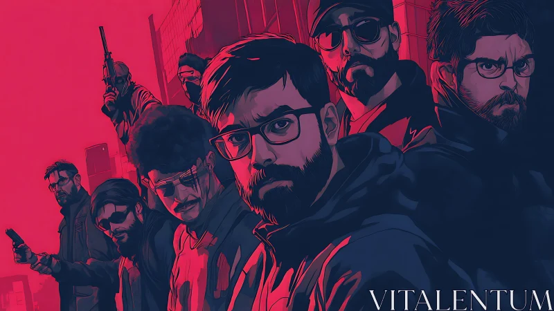 Neon rogue collective in crimson-blue city tension.