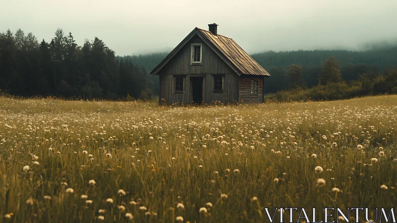 Weathered cabin anchors a misty meadow within forested hills
