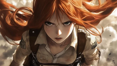 Red haired uniformed figure is depicted in dynamic aerial view