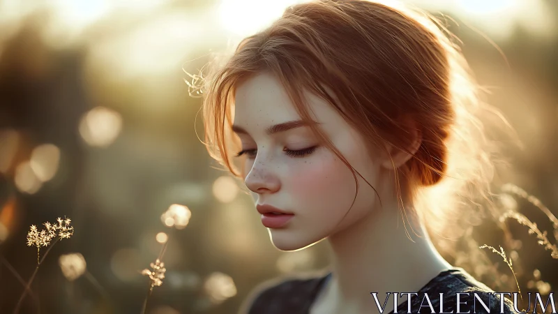 Gentle sunset portrait of a freckled girl in quiet thought.