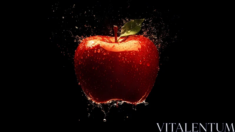 Vivid Red Apple with Water Splash on Black Background, Photorealistic.