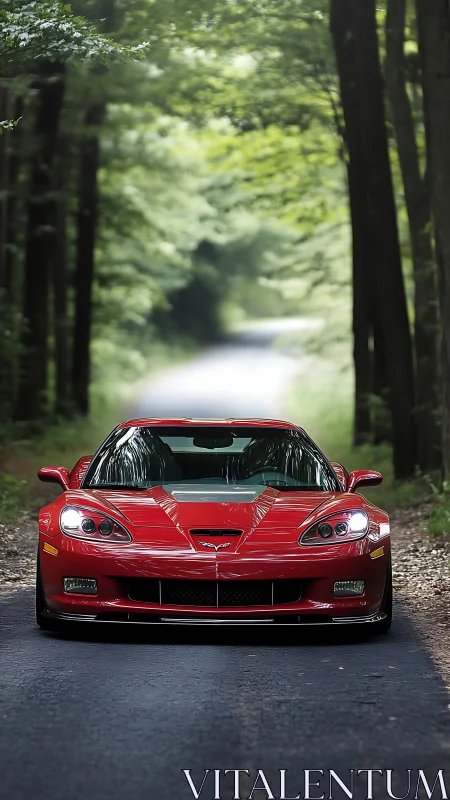 Red sports coupe is centered on a narrow forest road