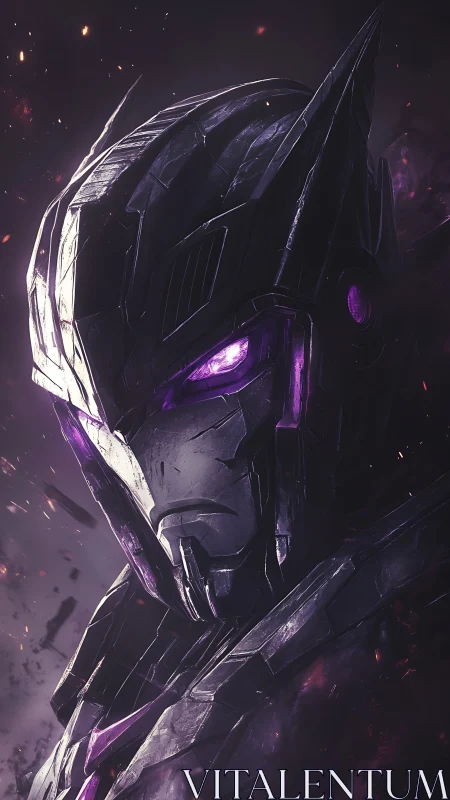 Cybernetic warlord portrait with violet emissive optics detail.