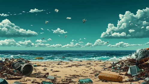 Polluted ocean shoreline contrasts pristine clouds and sky