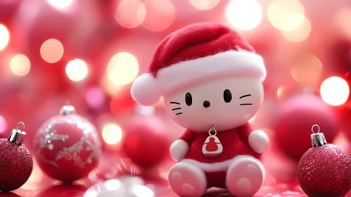 Santa cat character toy among red Christmas ornaments.