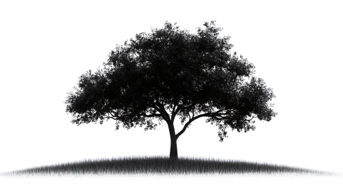 Isolated tree silhouette on graded grassy mound uses high contrast