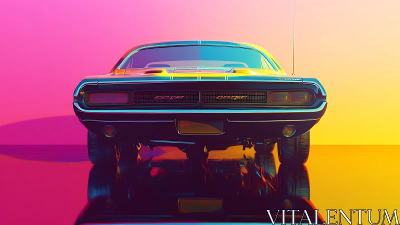 Rear view muscle car in saturated neon gradient light.