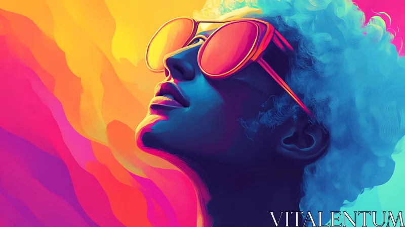Vibrant neon portrait with reflective sunglasses glow.