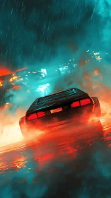 Neon drenched night drive with a retro car in the rain.