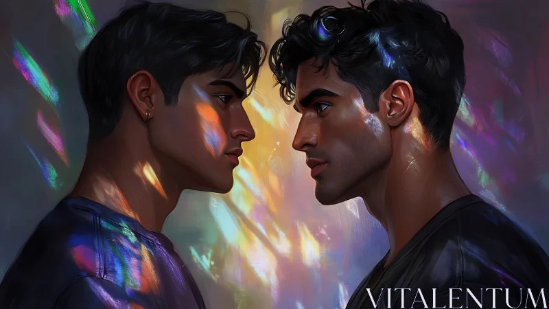 Twin men face each other under refracted prism light.