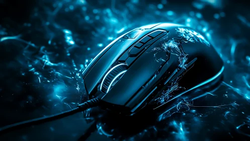Futuristic gaming mouse glowing with electric blue energy.