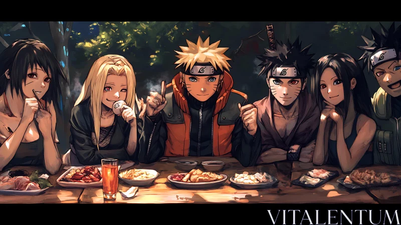 Anime ninja friends share outdoor feast at rustic table
