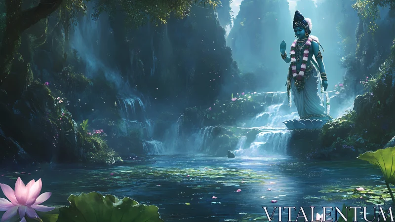 Divine blue deity rises above tranquil waterfall sanctuary.