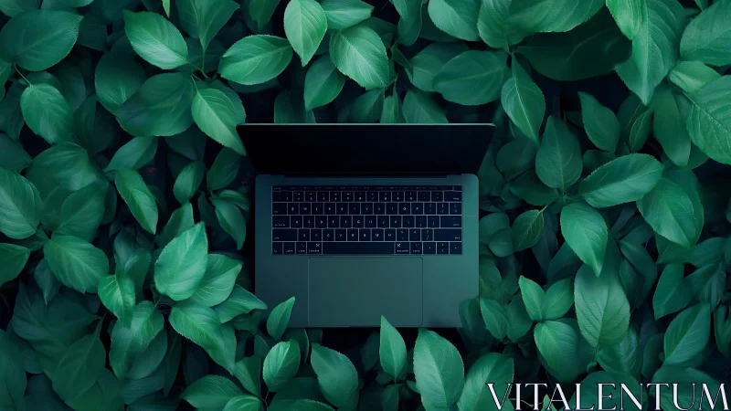 Sleek laptop rests in dense green foliage, symbolizing eco tech.