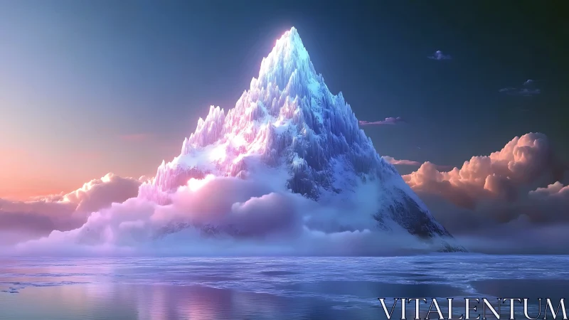 Ice mountain peak rises above cloud layer over calm water