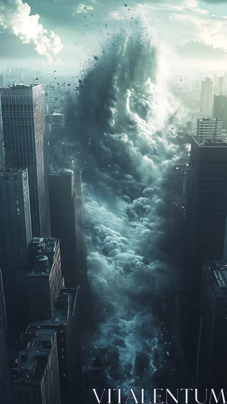 Towering tidal wave surges dramatically through a modern city