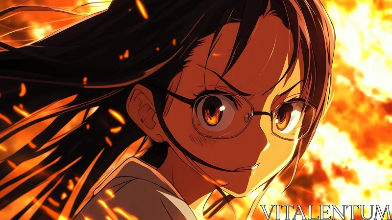 Girl with glasses stands before roaring inferno background