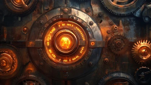 Mechanical core glows within rusted steampunk gear array.
