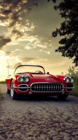Crimson classic roadster basking in honeyed sunset glow.