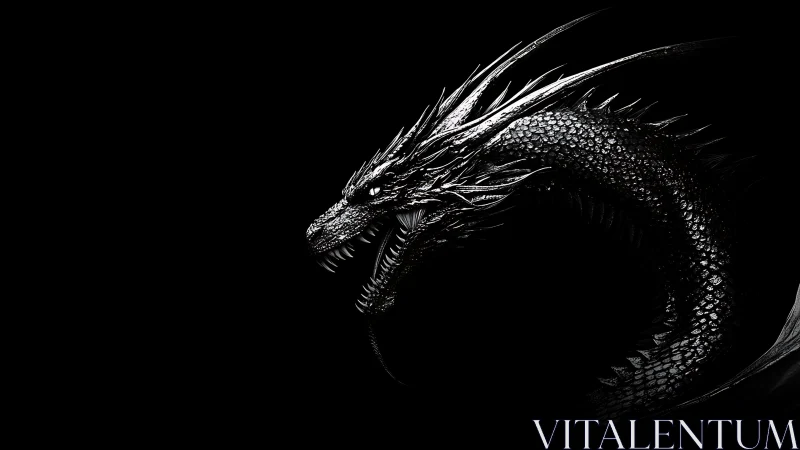 Midnight serpent-dragon coils in razor-edged silver shadow.