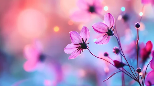 Pink Cosmos Flowers Dancing in Soft Light.