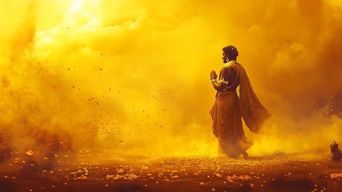 Golden pilgrim strides through blazing saffron stormscape.