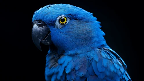 Striking Blue Parrot Portrait with Detailed Feathers on Black Background.