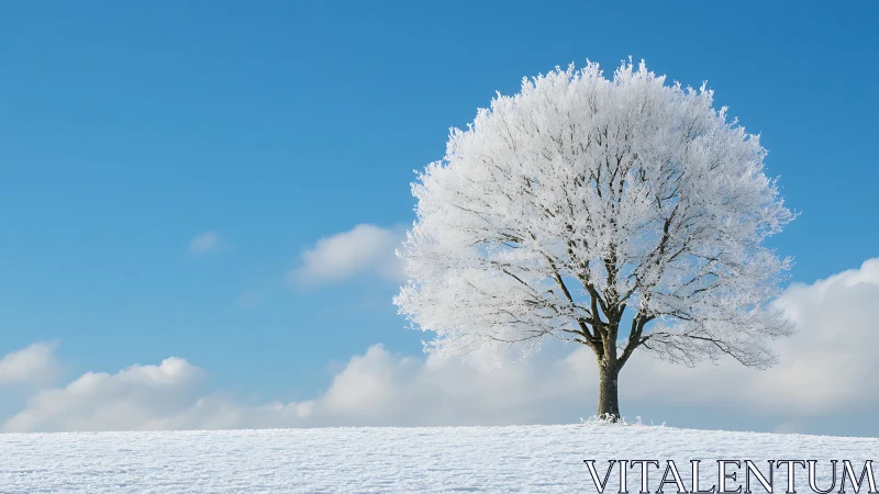 Frost laden winter tree under clear azure sky on hillside.