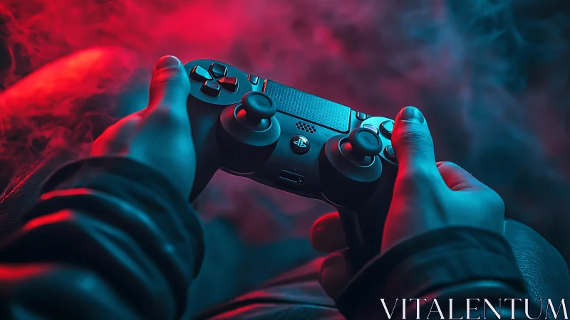 Immersive gamer hands hold a controller in neon glow