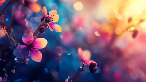 Luminous Flowers Against Vibrant Blue and Gold Bokeh.